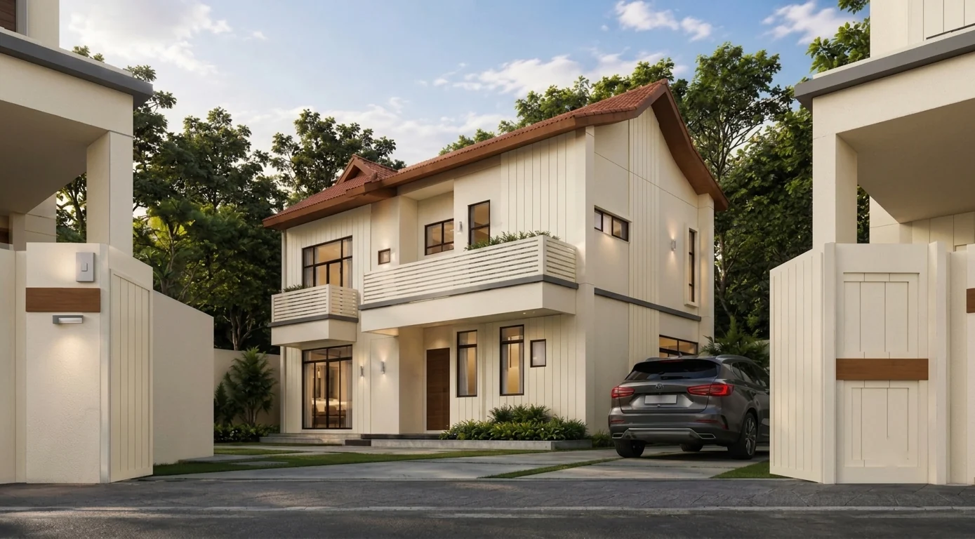 A Panthera Bertam bungalow, front elevation and driveway, artist's impression
